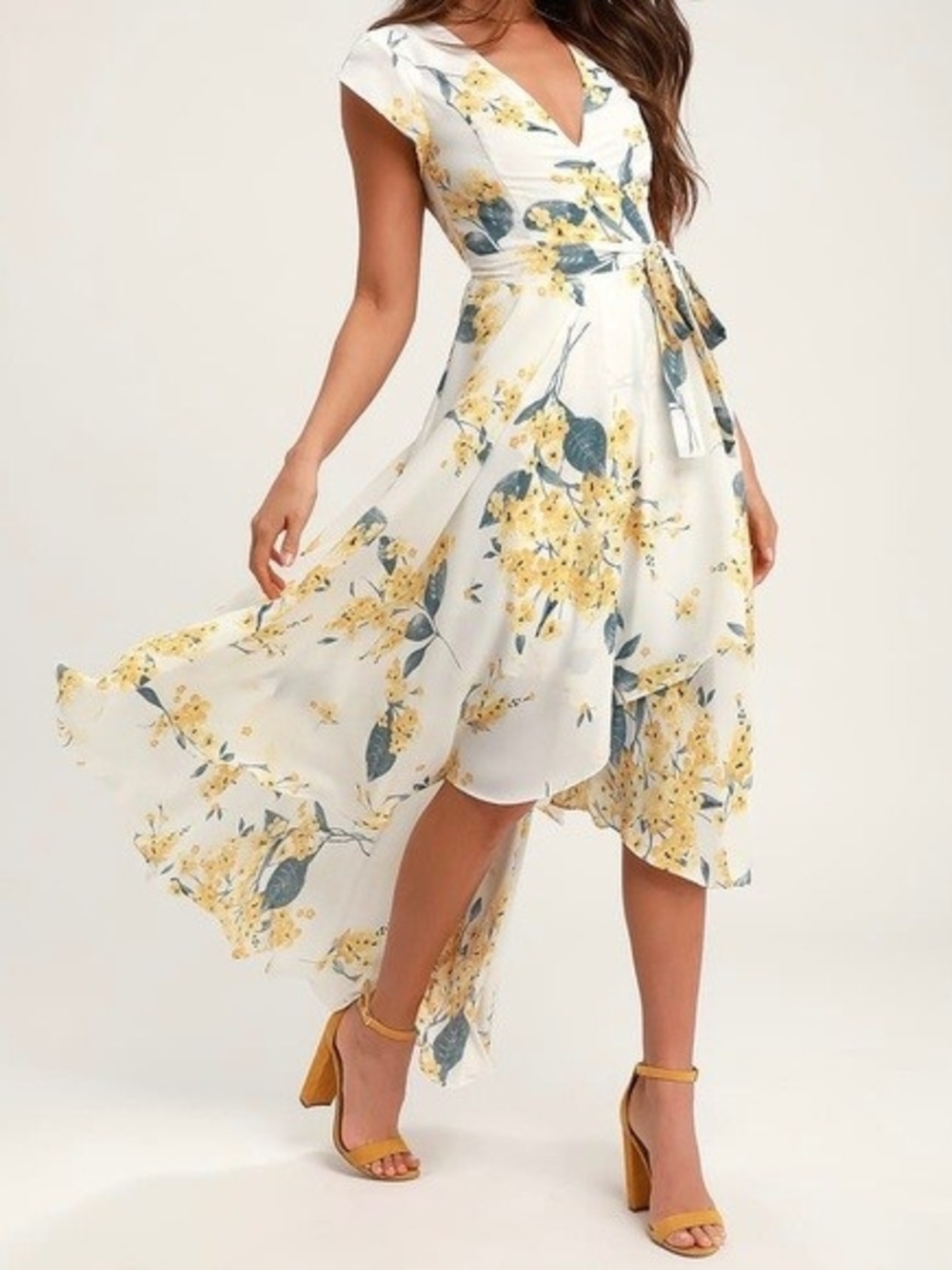 Lulu's French Country Side Floral High-Low Dress with Yellow Blue Print Nwt